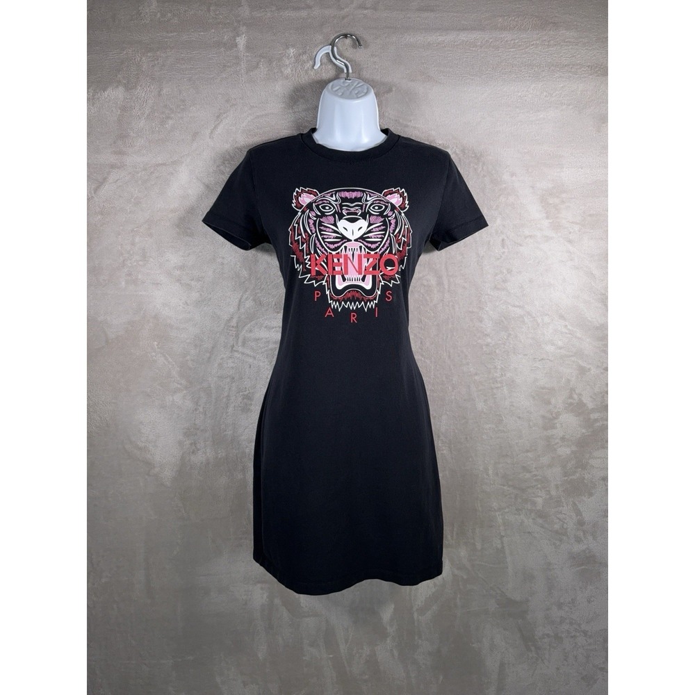 KENZO Shirt Dress Womens Size XS Black Tiger Graphic Paris Short Sleeve